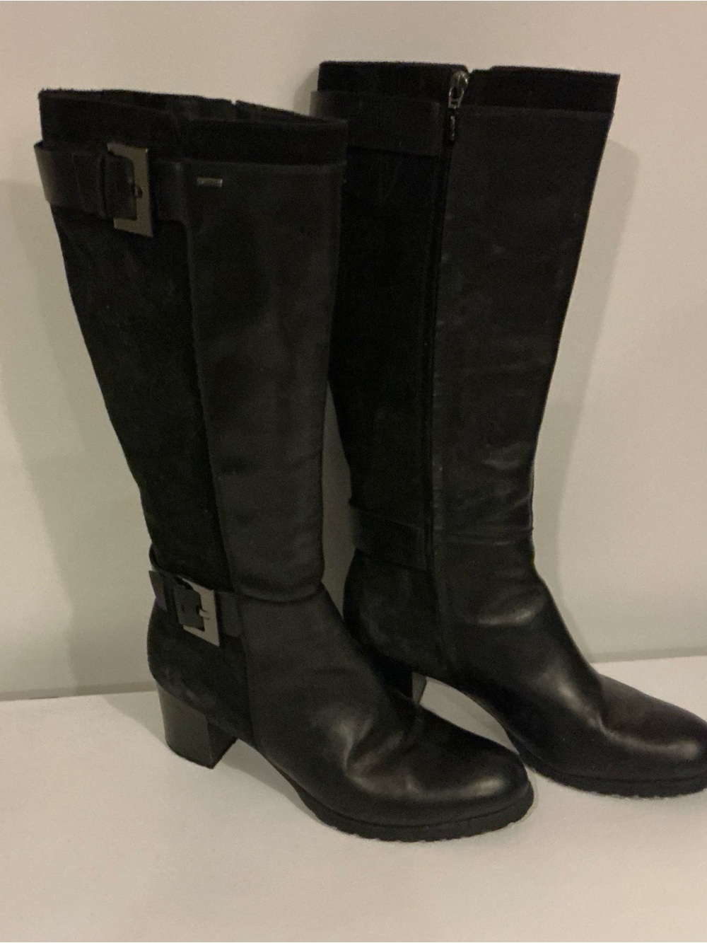 Geox Black Leather and Suede Knee-High Boots with Buckle